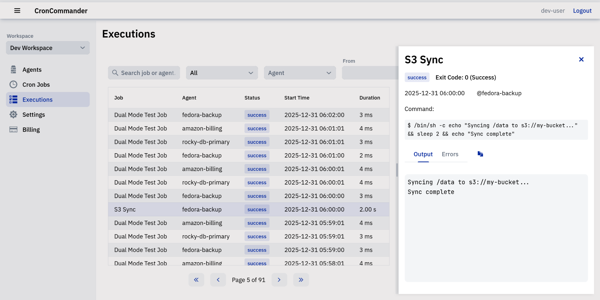 Execution detail panel screenshot