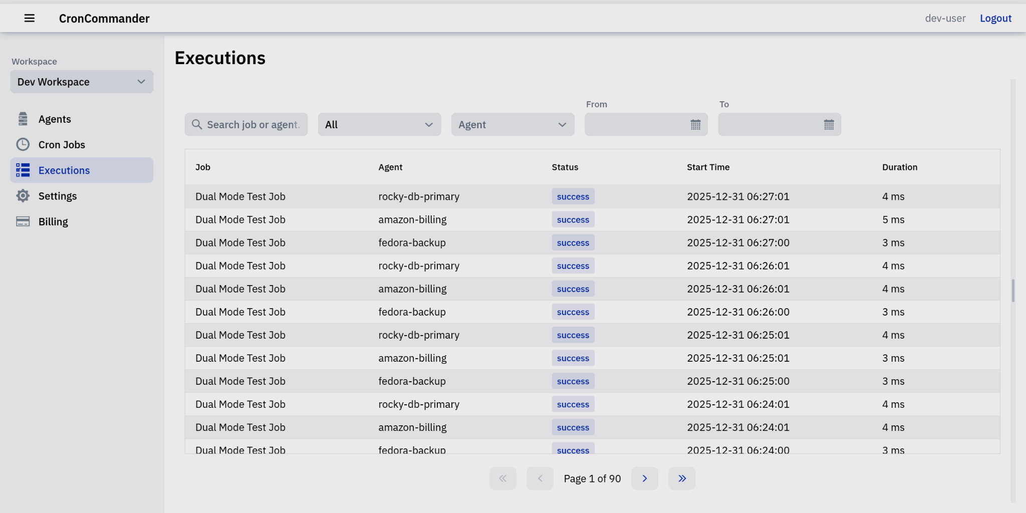 Executions list screenshot